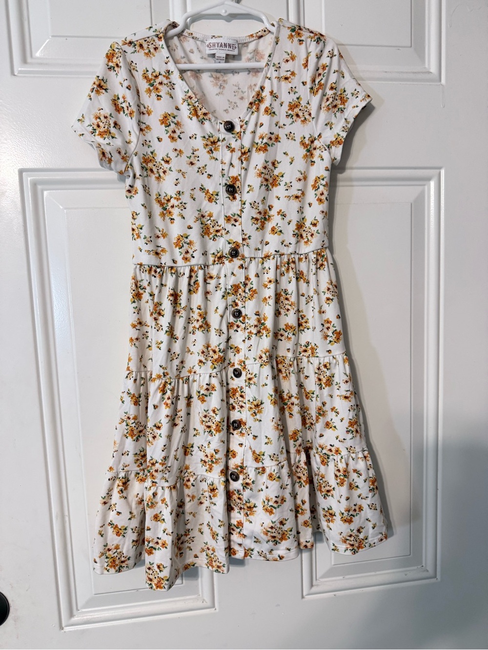 Shyanne Cream Floral Button-Tiered Casual Dress with Yellow and Brown Flowers
